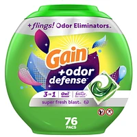 Capsules de détergent à lessive Gain Flings avec Odour Defense, capsules de détergent 3 en 1 avec Febreze et Oxi, parfum Explosion de fraîcheur, compatible avec les laveuses HE 76CT