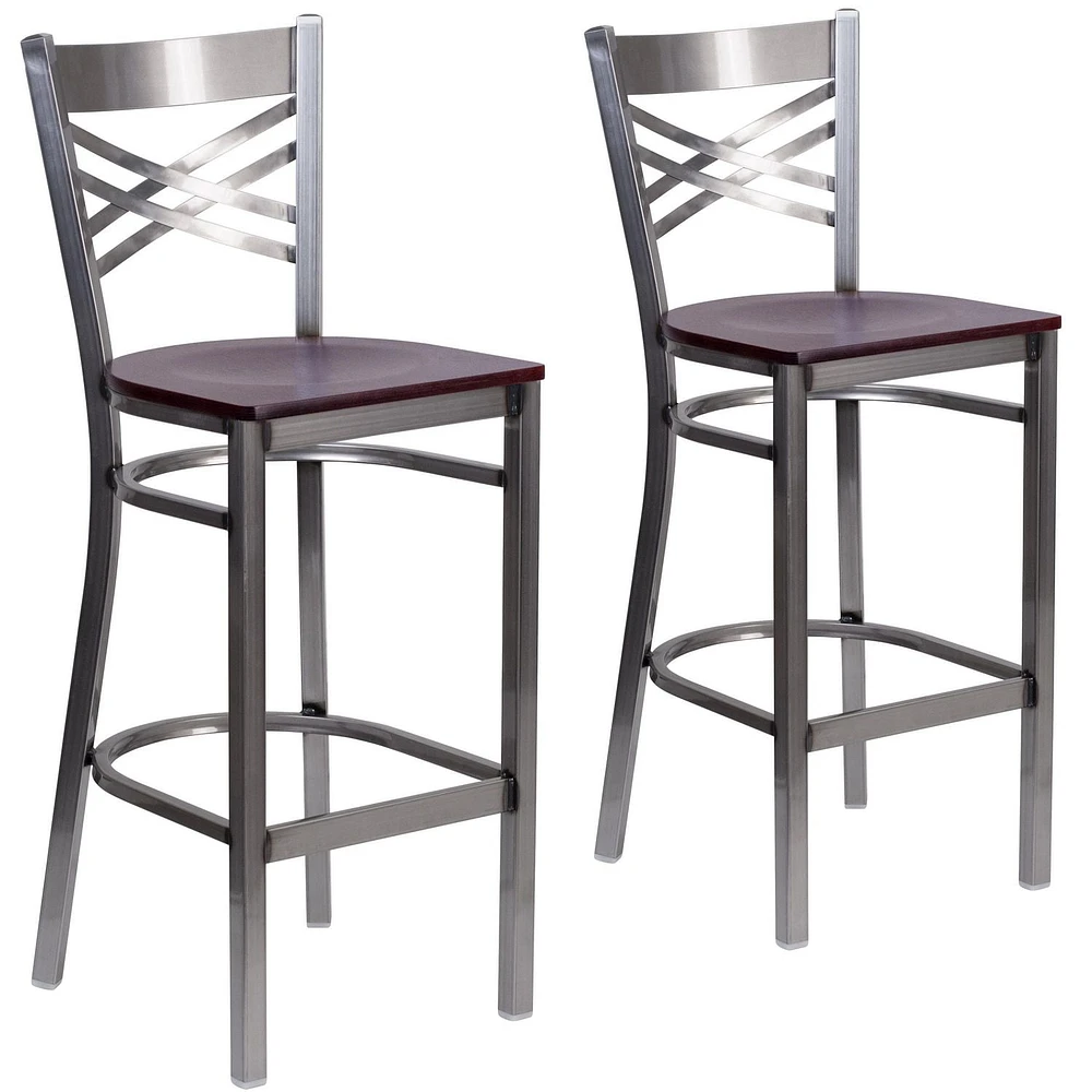 Lot de 2 pièces - Tabouret de bar en métal à dossier en «X» enduit lustré - siège en bois d'acajou