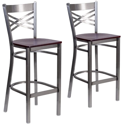 Lot de 2 pièces - Tabouret de bar en métal à dossier en «X» enduit lustré - siège en bois d'acajou