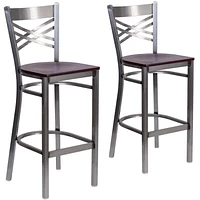 Lot de 2 pièces - Tabouret de bar en métal à dossier en «X» enduit lustré - siège en bois d'acajou