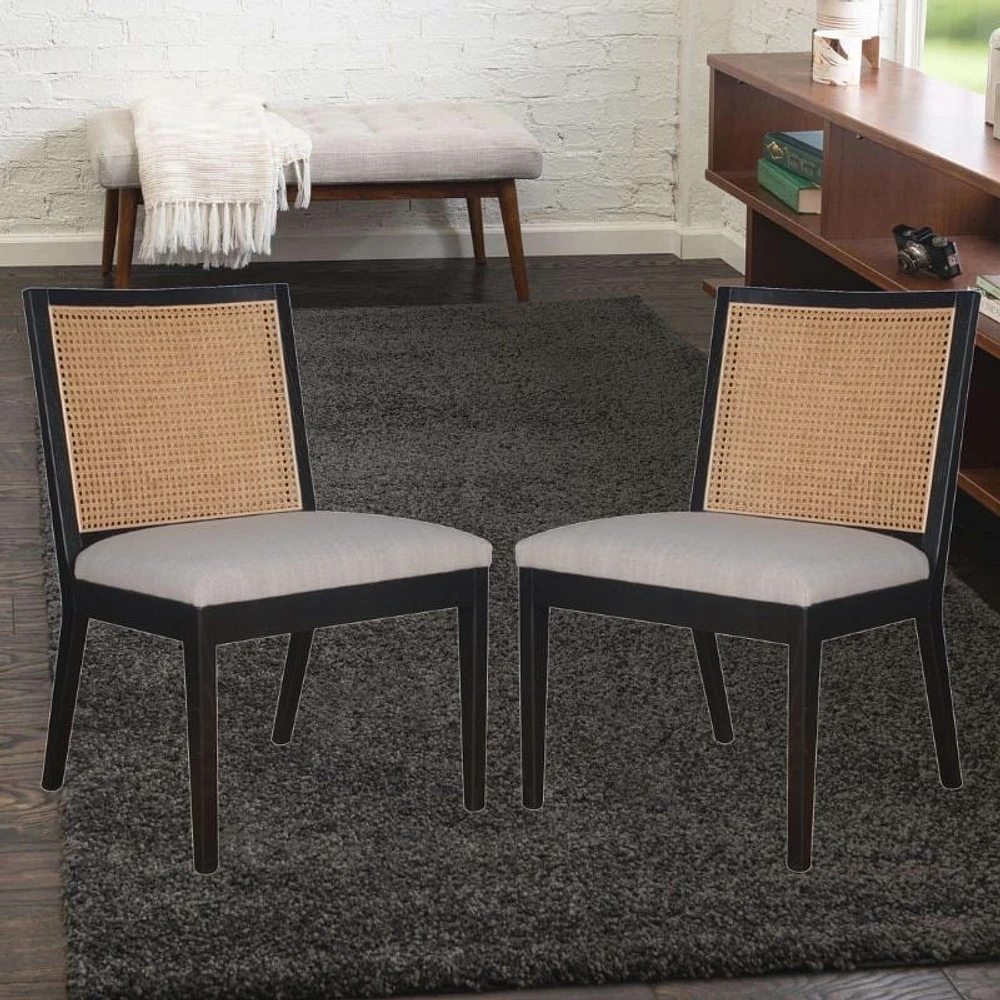 Charlotta Dining Chair in Black, Solid Wood Dining Chair, Rattan Cane Dining Chair, Hexagon Rattan Dining Chair, Upholstered Dining Chair - Set 2