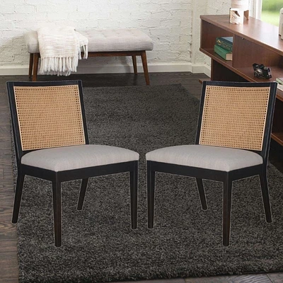 Charlotta Dining Chair in Black, Solid Wood Dining Chair, Rattan Cane Dining Chair, Hexagon Rattan Dining Chair, Upholstered Dining Chair - Set 2