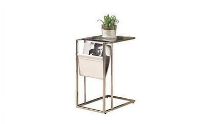 Monarch Specialties Accent Table, C-shaped, End, Side, Snack, Magazine Storage, Living Room, Bedroom, Metal, Pu Leather Look, Tempered Glass, Chrome, Clear, Contemporary, Modern