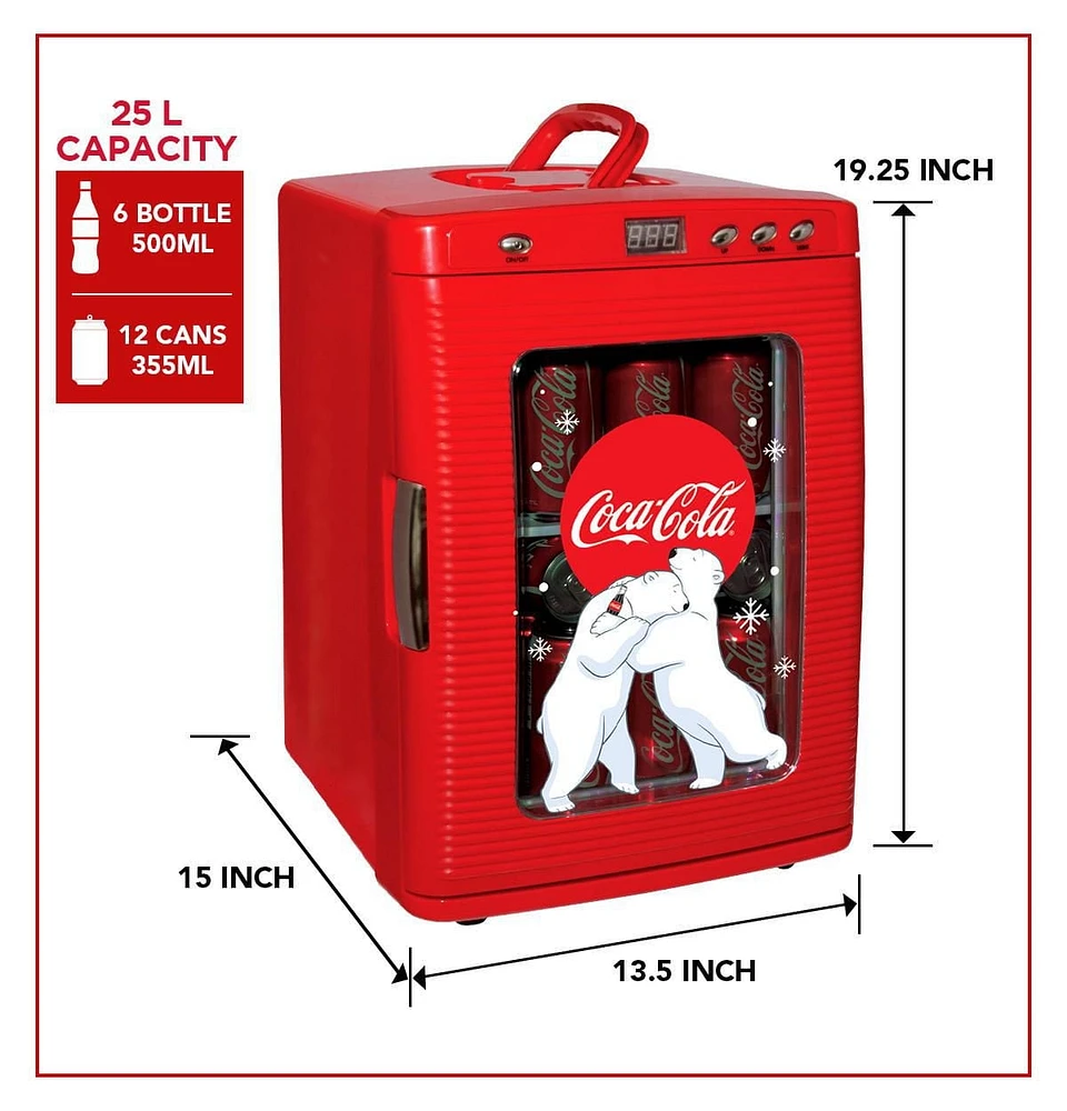 Coca-Cola 25L Mini Fridge, Portable 28 Can Cooler, Display Window for Travel, Home, Office- Red