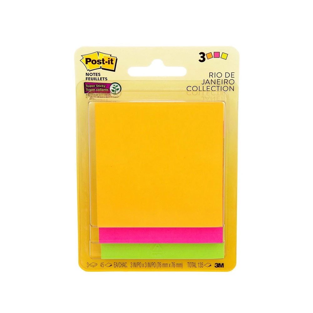 Post-it® Super Sticky Notes, Rio de Janeiro Collection, 3 in x 3 in (7.6 cm x 7.6 cm)