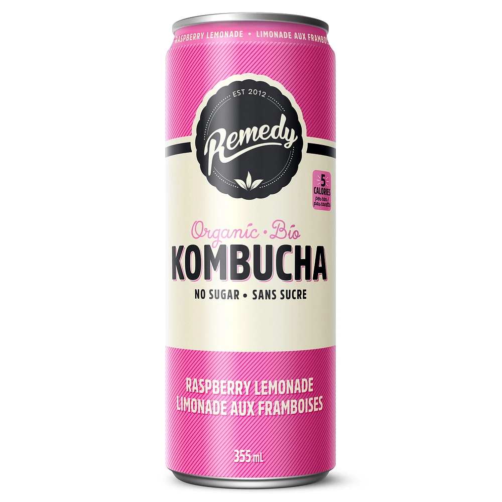 Organic, No Sugar, Natural, Raw and Unpasteurized, Naturally Caffeinated Remedy Kombucha Raspberry Lemonade 4PK, 4x355 ML