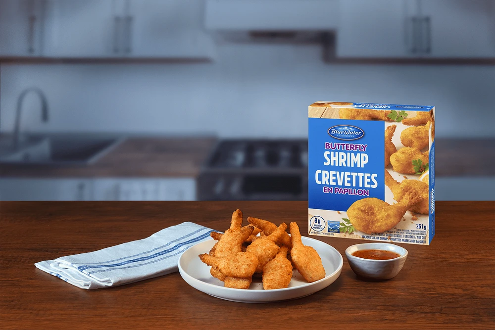 Crevettes papillon BlueWater Seafoods, Crevettes entières à, Panées avec une chapelure Panko croustillante, Congelé, Emballage de 261 g Crevettes papillon croustillantes avec chapelure Panko