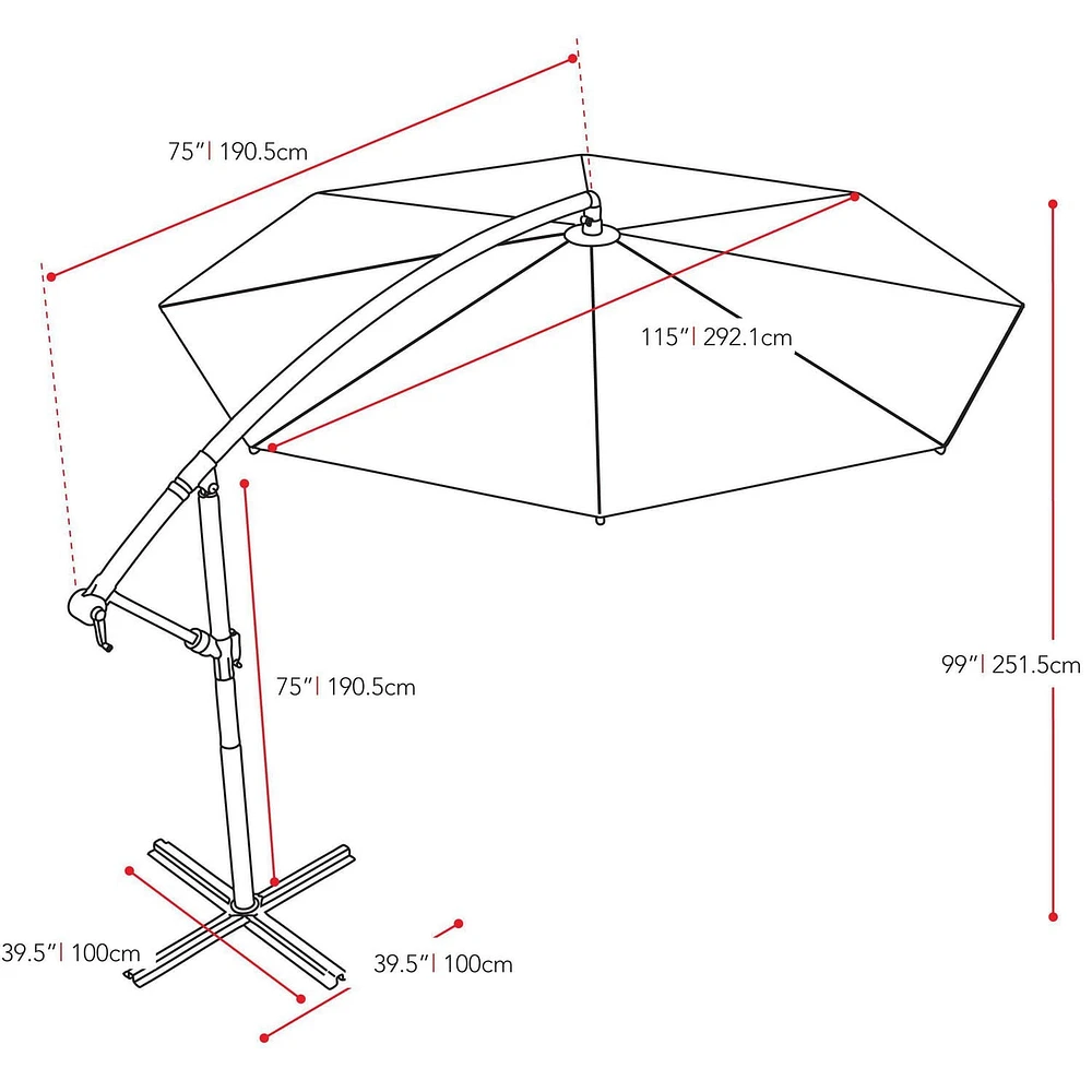 Parasol de terrasse inclinable en porte-à-faux CorLiving de 9,5 pieds avec cadre en acier, 8 bras de support et poids de base inclus