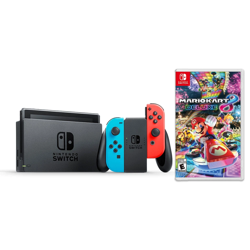 Nintendo Switch™ with Neon Blue and Neon Red Joy‑Con™ (New Box) PLUS Mario Kart 8 Deluxe (Nintendo Switch)