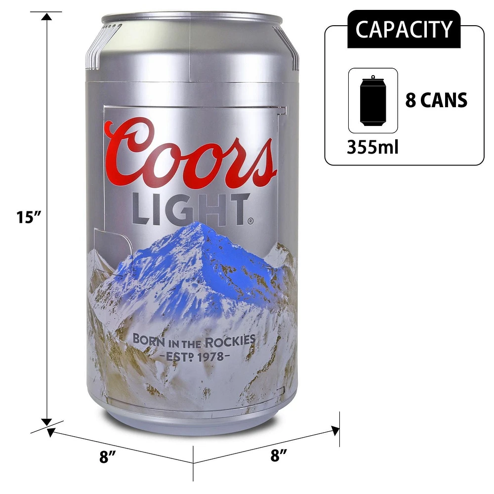 Coors Light 8 Can Portable Mini Fridge, 5.4L Personal Cooler for Office, Dorm, Travel - Silver