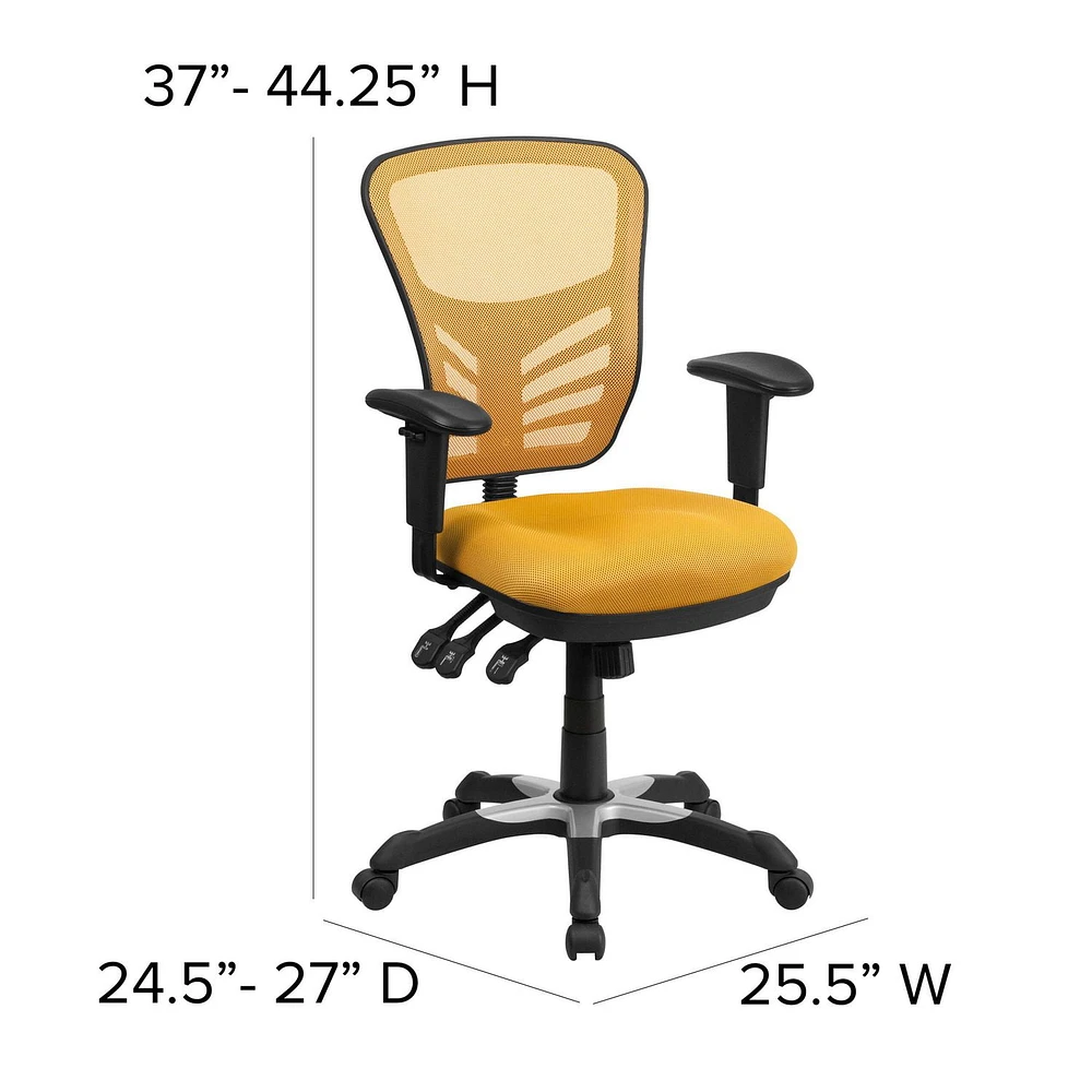 Chaise exécutive pivotante multifonctions en maille jaune-orange à dossier mi-hauteur avec appui-bras réglable