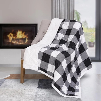 Safdie & Co. Couverture Jeté Surdimensionné Matelassé Ultra Doux avec Endos en Sherpa Carreaux Buffalo Noirs