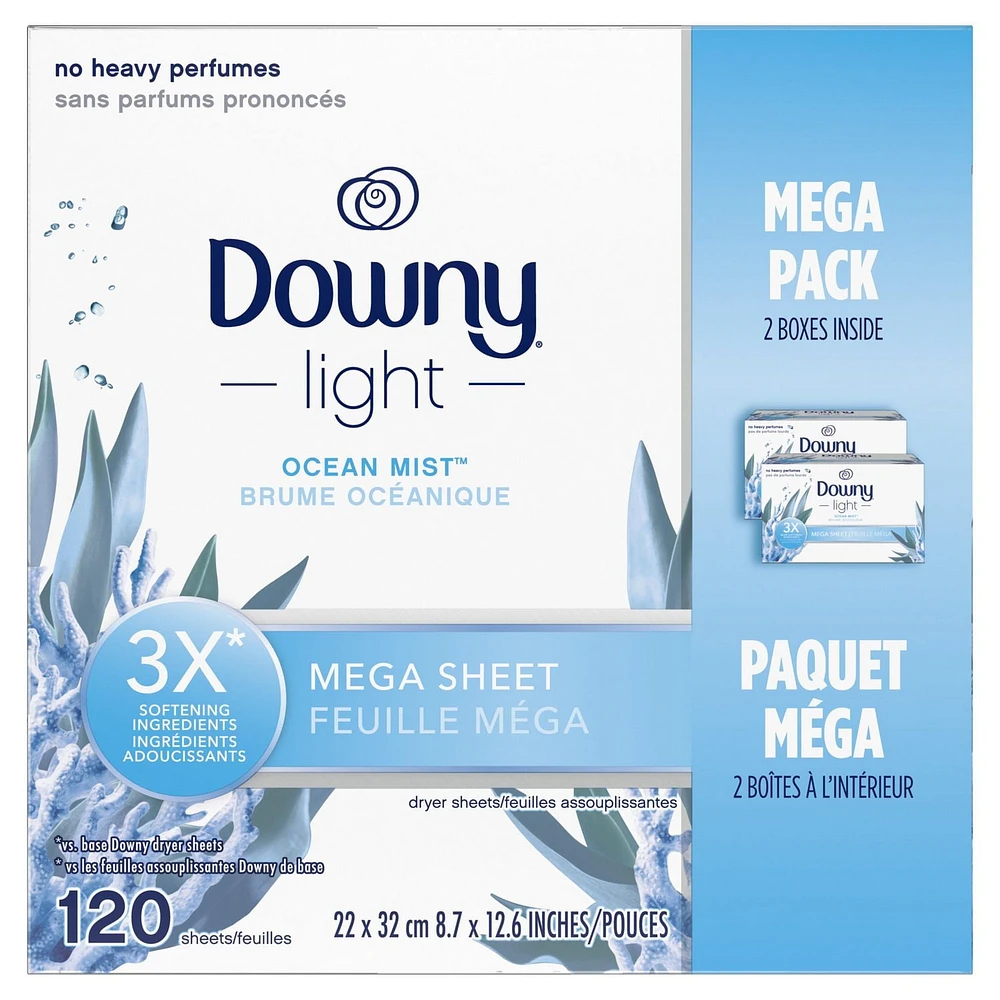 Downy Light Mega Dryer Sheets, Fabric Softener Dryer Sheets, Ocean Mist