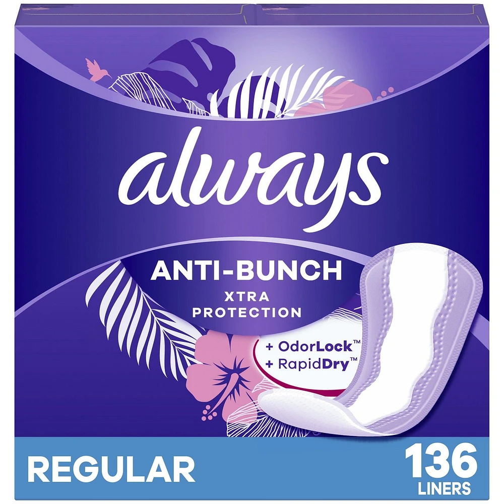 Protège-dessous quotidiens Always Anti-Bunch Xtra Protection, réguliers, non parfumés, 136 protège-dessous