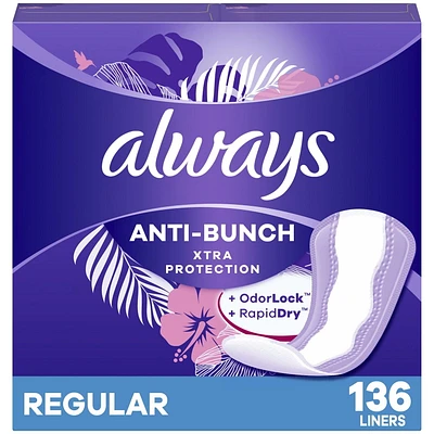 Protège-dessous quotidiens Always Anti-Bunch Xtra Protection, réguliers, non parfumés, 136 protège-dessous