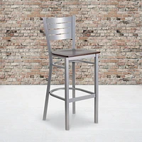 Tabouret de restaurant en métal argenté de la série HERCULES avec dossier à lattes - siège bois de noyer
