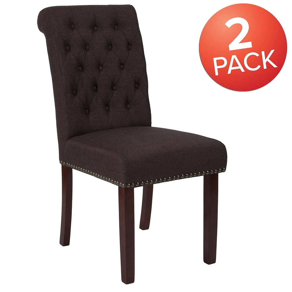 2 Pk. HERCULES Series Brown Fabric Parsons Chair with Rolled Back, Accent Nail Trim and Walnut Finish