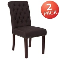 2 Pk. HERCULES Series Brown Fabric Parsons Chair with Rolled Back, Accent Nail Trim and Walnut Finish