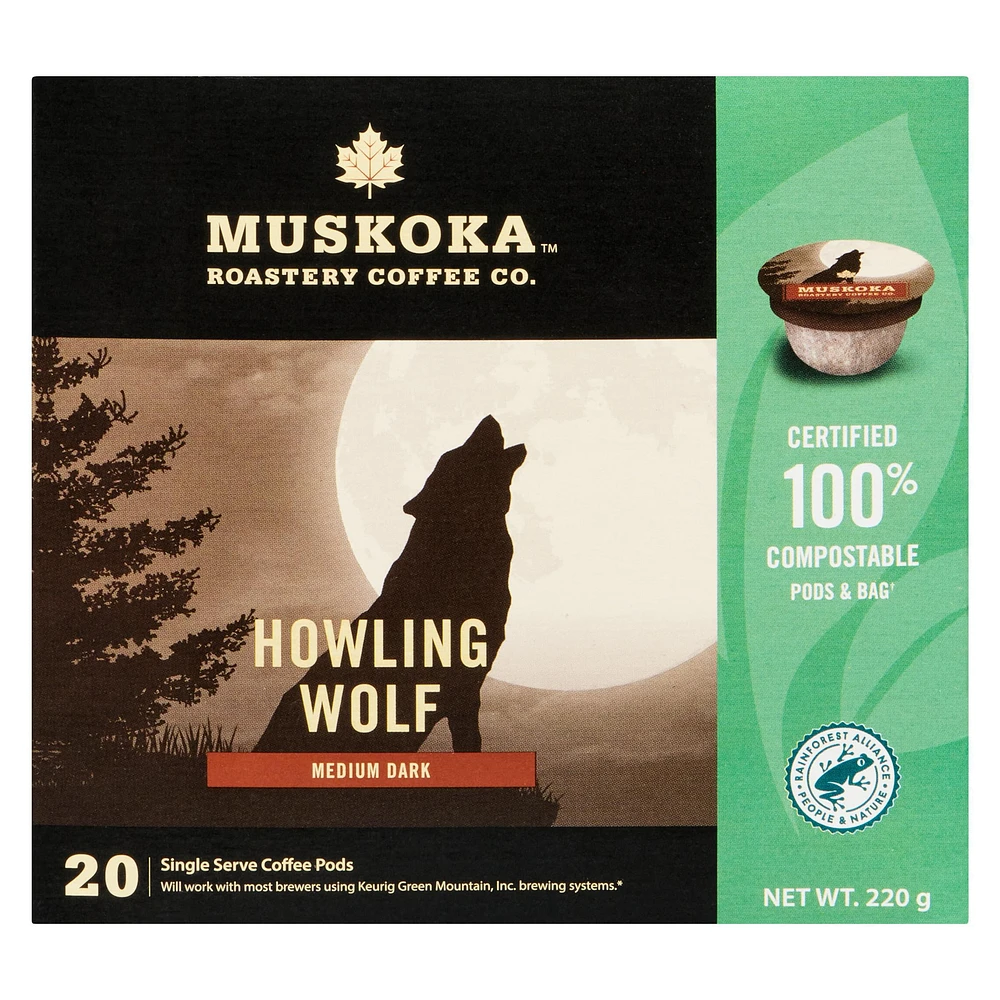 Dosettes de café Loup Hurlant de Muskoka Roastery Coffee Co. à torréfaction foncée moyenne en emballage d'une portion