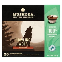Dosettes de café Loup Hurlant de Muskoka Roastery Coffee Co. à torréfaction foncée moyenne en emballage d'une portion