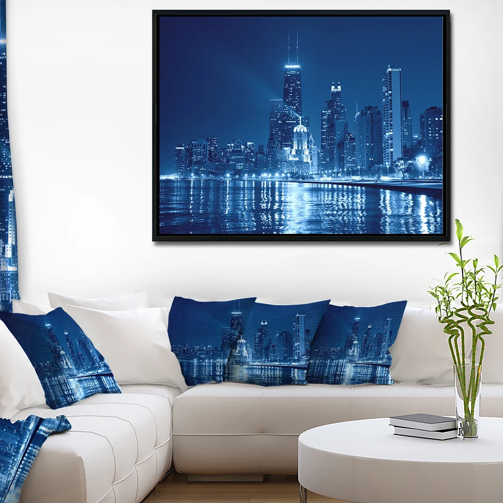 Design Art Nuit De Chicago Bleu  Sur Toile Encadrée