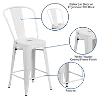 Tabouret à la hauteur de comptoir en métal blanc de 24 pouces de hauteur pour l'intérieur et l'extérieur avec dossier
