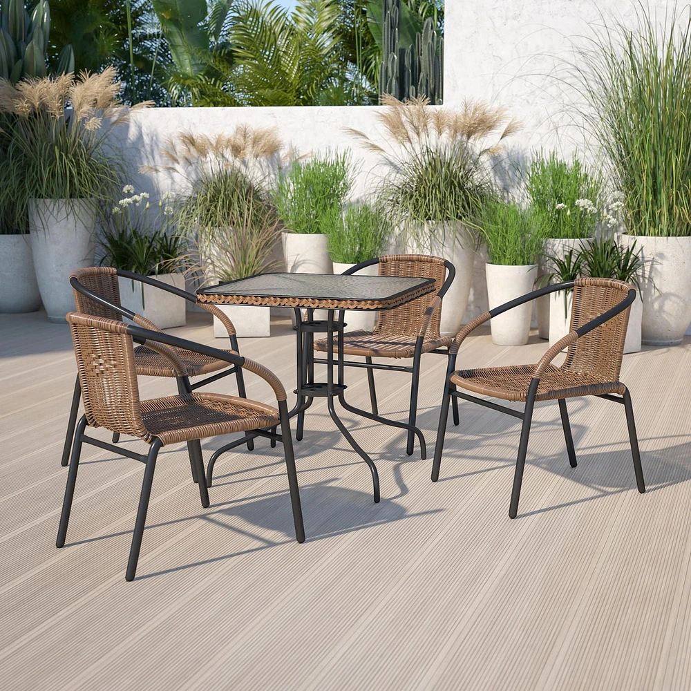 28'' Square Tempered Glass Metal Table with Black Rattan Edging