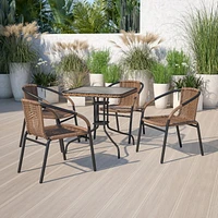 28'' Square Tempered Glass Metal Table with Black Rattan Edging