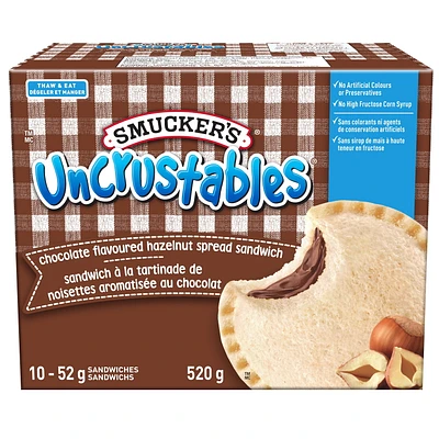 Smucker's Chocolate Hazelnut Uncrustables Sandwich, congelé, paquet de 10 Uncrustables soft, round and crustless Chocolate Flavoured Hazelnut Spread Sandwiches are a delicious way to make your family’s day. It’s the perfect snack anytime, anywhere. Found in the freezer aisle. Just Thaw & Eat