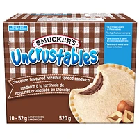 Smucker's Uncrustables Chocolate Hazelnut Spread Sandwich, Frozen, Pack of 10, Uncrustables soft, round and crustless Chocolate Flavoured Hazelnut Spread Sandwiches are a delicious way to make your family’s day. It’s the perfect snack anytime, anywhere. Found in the freezer aisle. Just Thaw & Eat