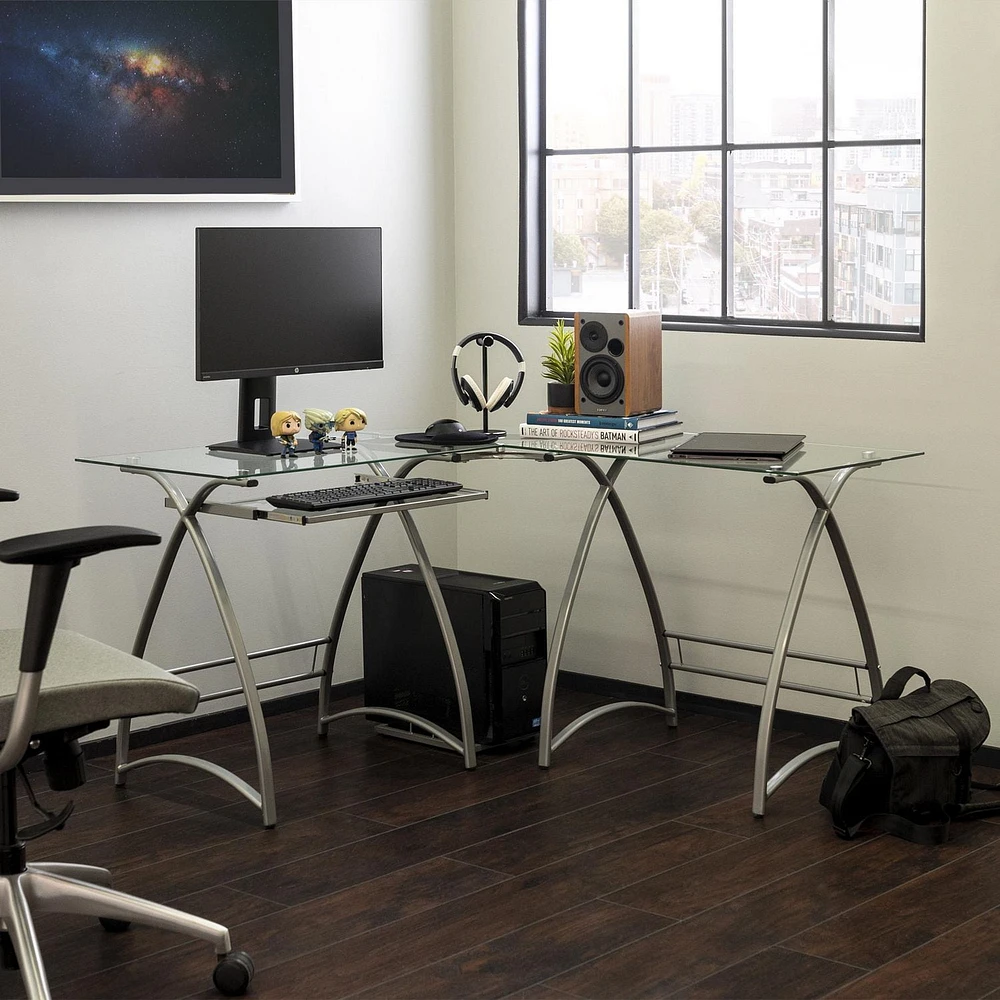 Manor Park Modern Corner Glass Computer Desk and Gaming Desk - Silver