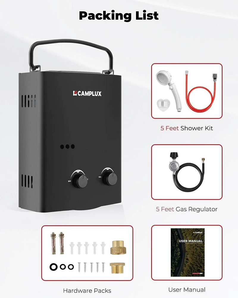 Camplux 1.32 GPM 34,000 BTU Outdoor Portable Propane Tankless Water Heater, Black