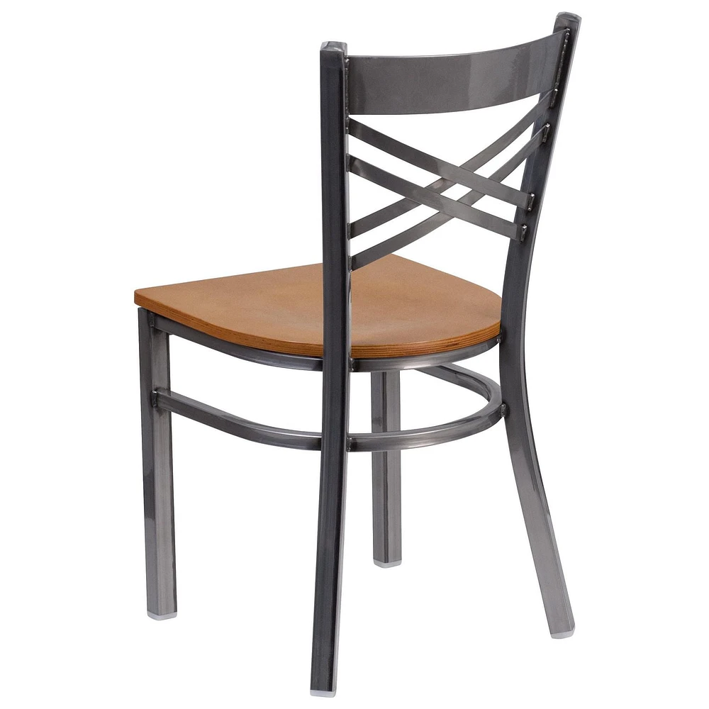Chaise de restaurant en métal de la série HERCULES avec dossier en croix à enduit lustré - siège bois naturel