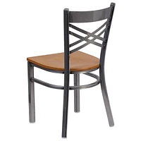 Chaise de restaurant en métal de la série HERCULES avec dossier en croix à enduit lustré - siège bois naturel