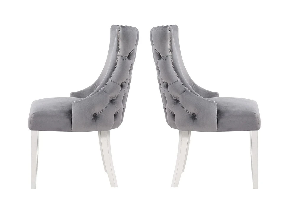 Chaise Odie en Gris, chaise de salle à manger avec garniture cloutée, chaise de salle à manger en velours, chaise de salle à manger avec pieds en acier inoxydable pour cuisine et salon - Ensemble 2