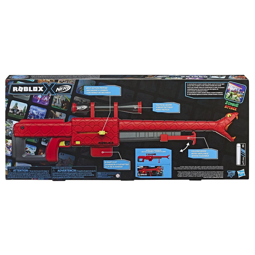 Nerf Roblox Zombie Attack: Viper Strike Dart Blaster With Scope, Code to Redeem Exclusive Virtual Item, 6-Dart Clip, 6 Nerf Elite Darts, Bipod, Roblox Toys for Boys & Girls 8 Years Old & Up, Ages 8 and up