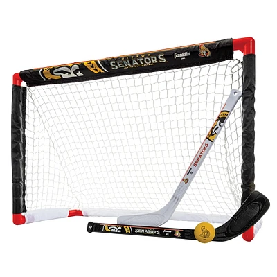 Franklin Sports Ensemble de mini hockey Senators de la NHL – But de hockey intérieur pour enfants, ballon, 2 mini bâtons de hockey