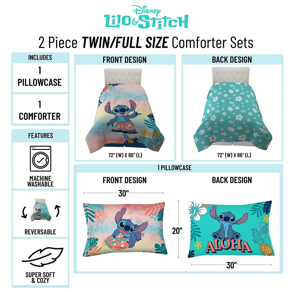 Lilo & Stitch Ensemble de Douillette et Taie d'Oreiller Réversible pour Lit 1 ou 2 Places pour Enfants, 100% Polyester