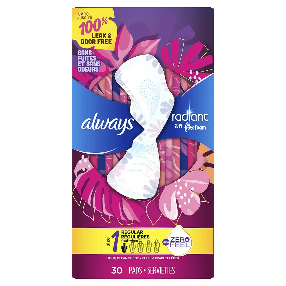 Always Radiant Feminine Pads for Women, Size 1 Regular, with Wings, Light Clean Scent, 30CT