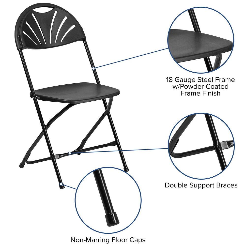 Lot de 2 pièces - Chaise pliante de la série HERCULES en plastique noir à dossier Fan, avec une capacité de 650 lb.