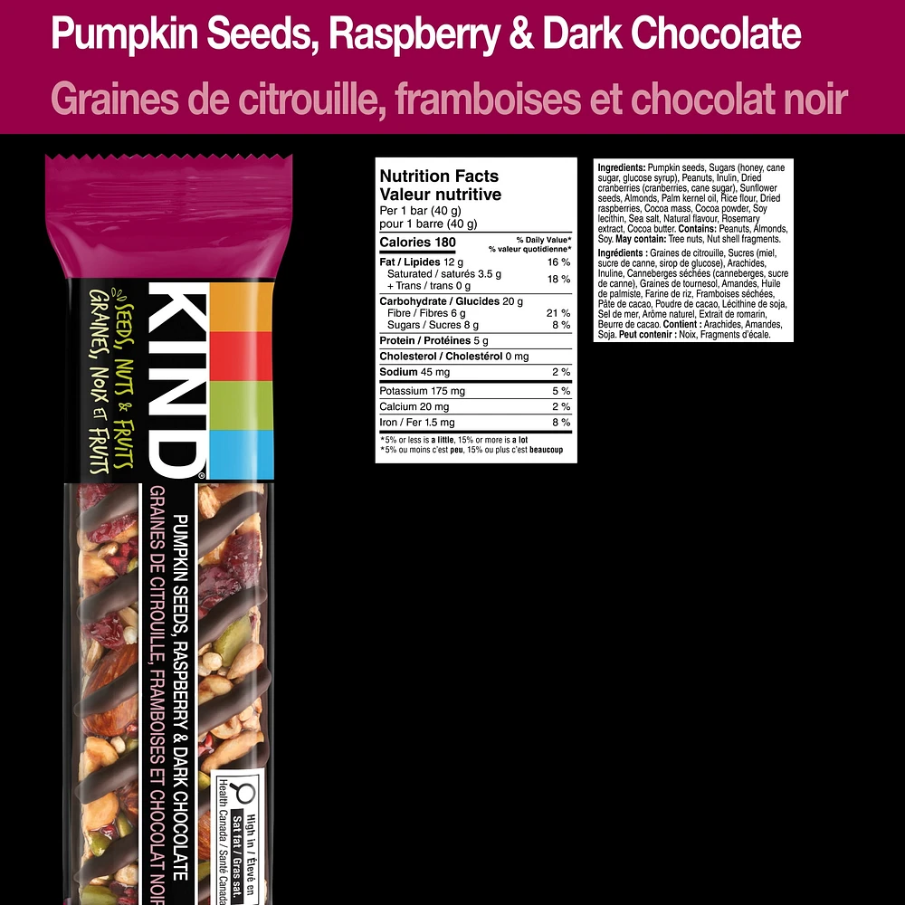 KIND Barres Graines, fruits et noix, Graines de citrouille, framboises et chocolat noir, 40 g, boîte de 5 unités Graines, Fruits et Noix Framboise