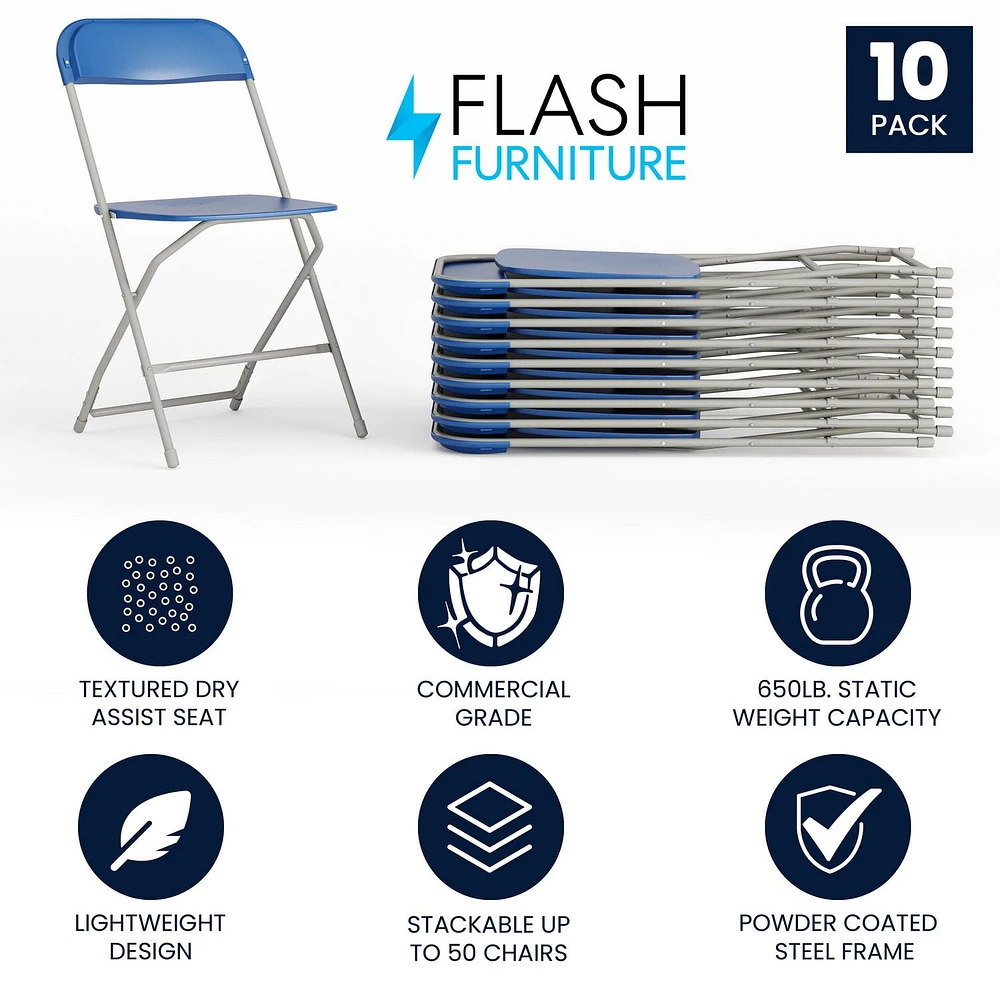 Lot de 10 pièces - Chaise pliante de la série HERCULES en plastique bleu, de première qualité, avec une capacité de 650 lb