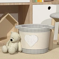 Cotton Rope Storage Basket with Boucle Heart Patch, Ivory with Grey Trim