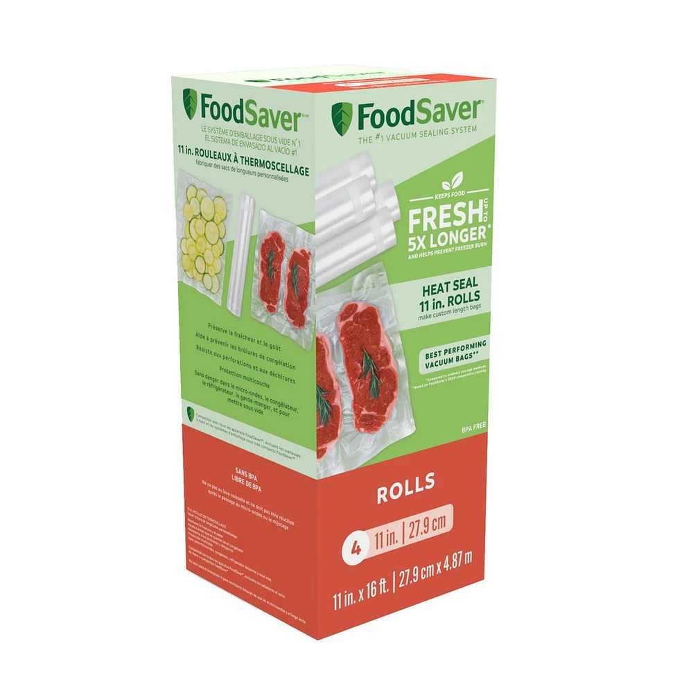 FoodSaver 11" x 16' Vacuum Seal Rolls for Custom Fit Airtight Food Storage and Sous Vide, 4 Pack