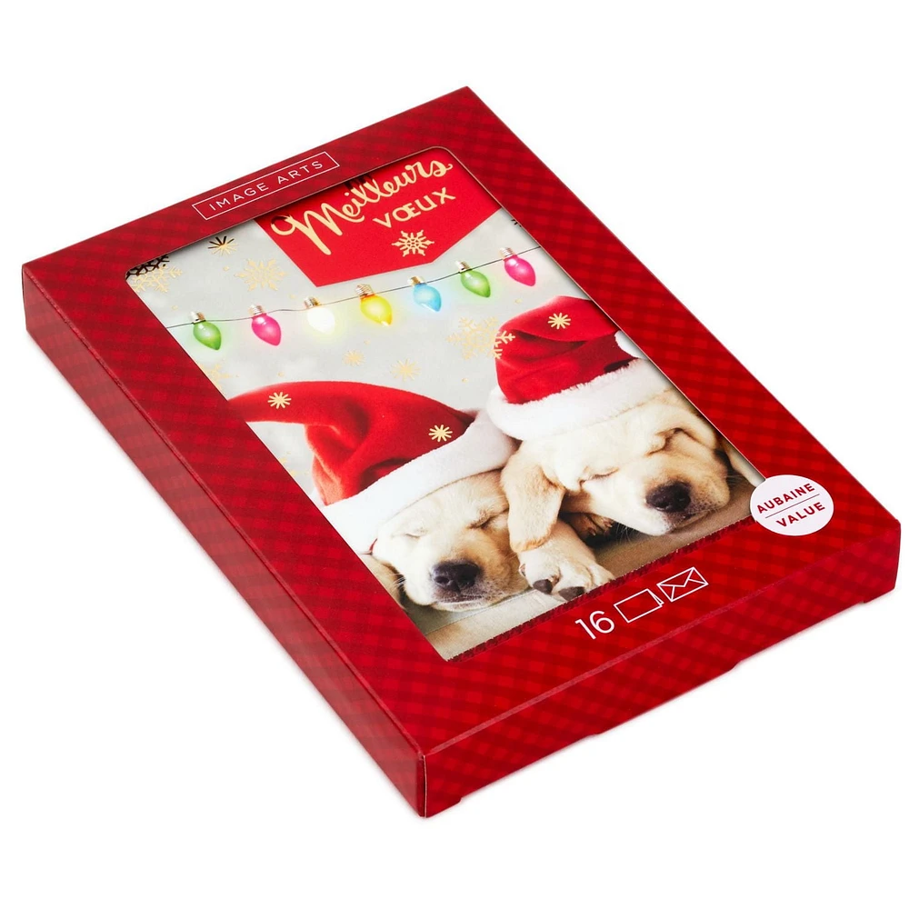 Image Arts Puppies and Holiday Wishes French-Language Boxed Christmas Cards, Pack of 16