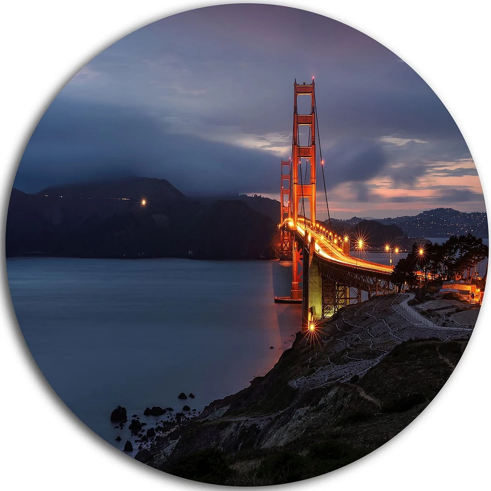 Design Art Golden Gate with Night Illumination' Ultra Glossy Sea Bridge Metal Circle Wall Art