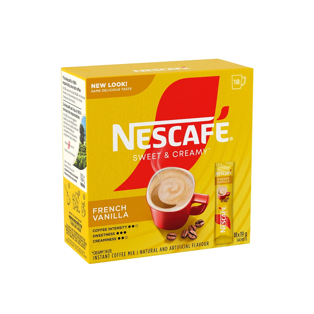 Mélange à café instantané Crémeux et sucré Vanille française, sachets individuels contenant café, colorant et sucre, ajoutez de l’eau chaude, issu à 100 % de sources responsables 351 g