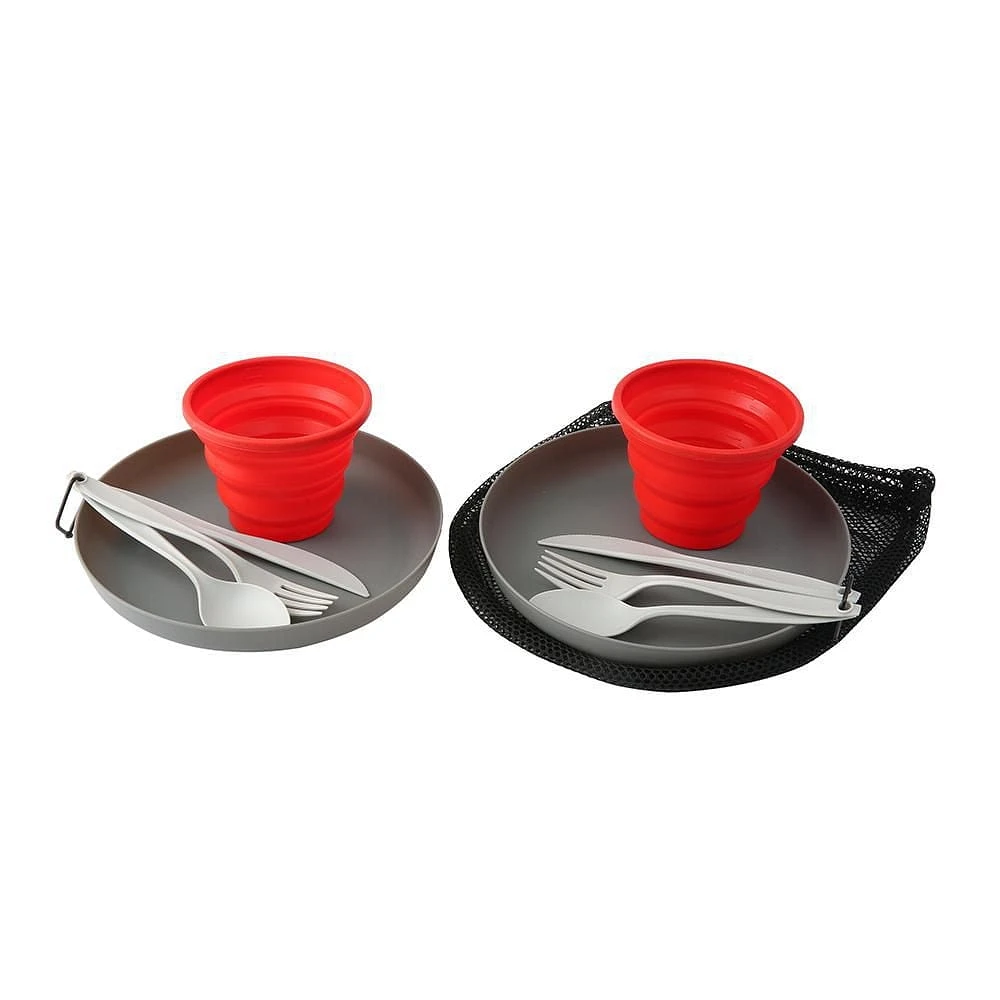 Ozark Trail 2 Person Table Set with Plastic Plates and Flatware, and Silicone Cups, 2 Person Camp Table Setting