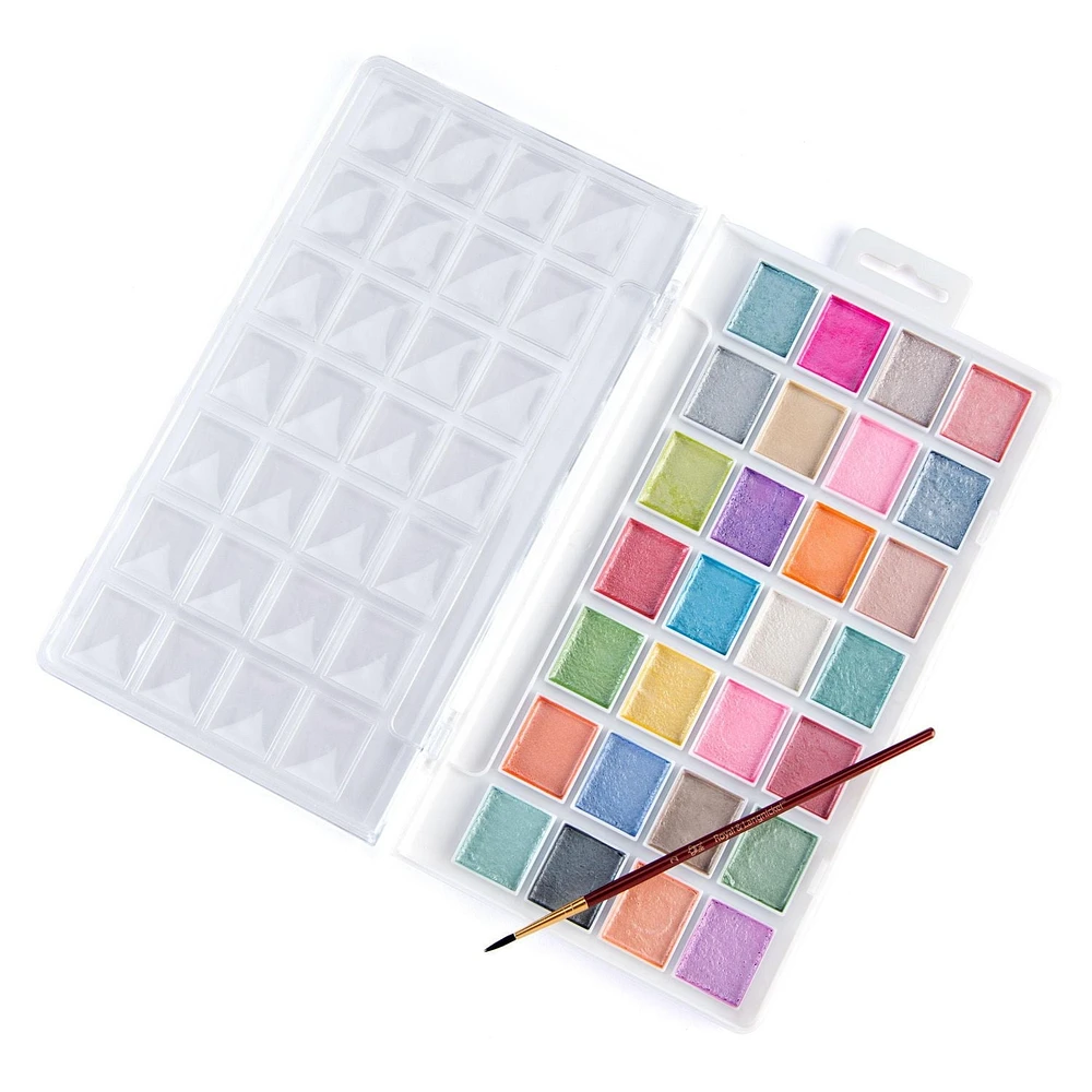 Royal & Langnickel - Ensemble de gâteaux de peinture aquarelle nacrée 28 couleurs avec pinceau 28 gâteaux aquarelle nacrés