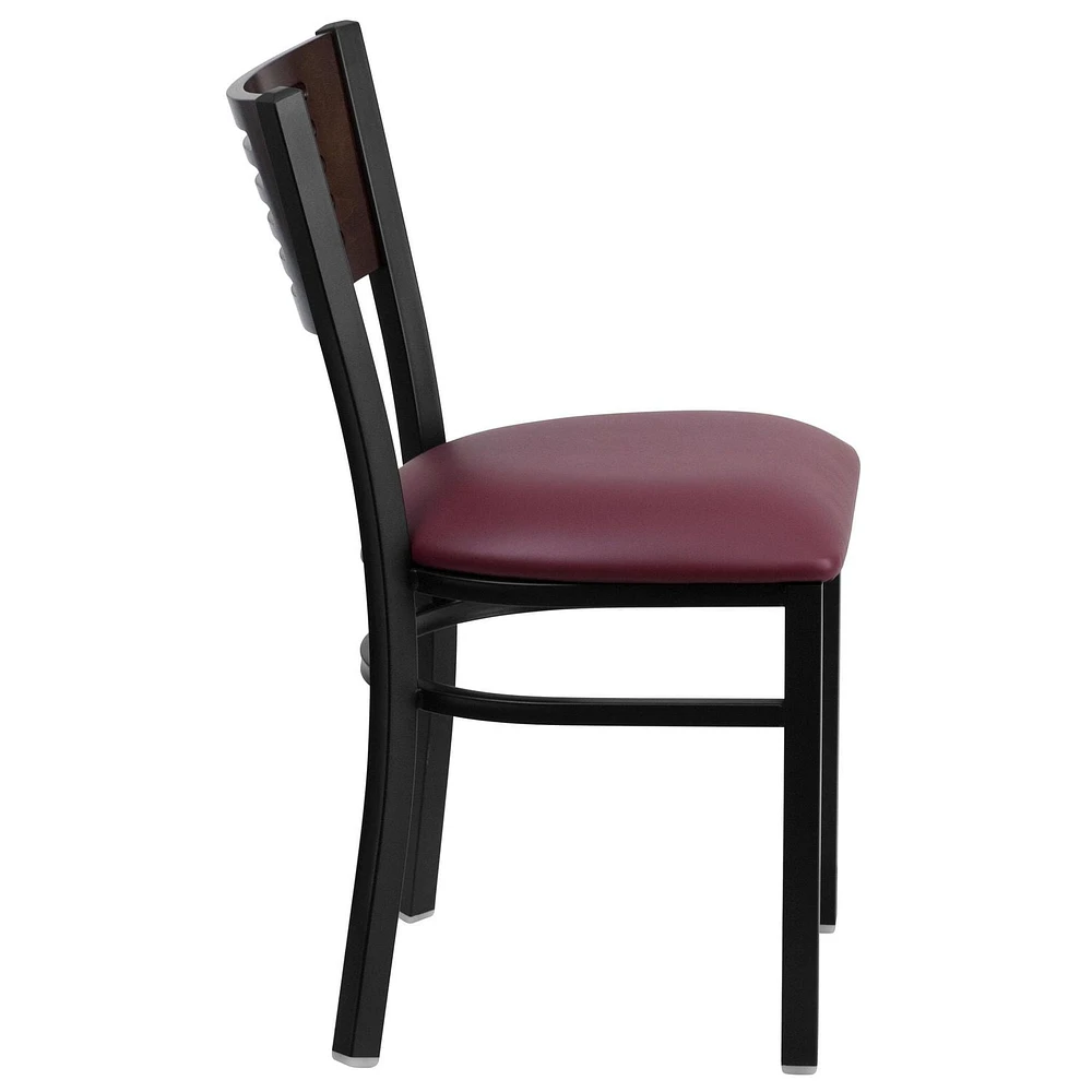 2 Pk. HERCULES Series Black Slat Back Metal Restaurant Chair - Walnut Wood Back, Burgundy Vinyl Seat